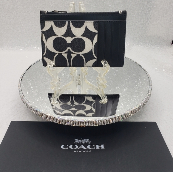 Coach Slim Zip Card Case Signature Canvas & Leather Black & White Logo Design - Picture 1 of 11